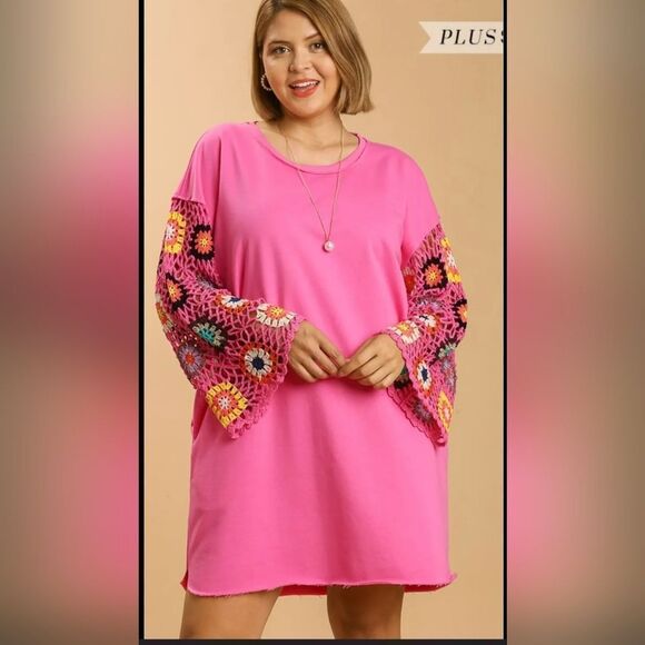 NWT Umgee French Terry Round Neck Color Crochet Long Sleeve Dress size L - Picture 1 of 5